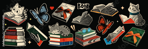 set of book Lover halftone collage art cutouts. cat reading, hands holding a book, Butterfly, Book With Flowers, Cat Sleeping on Books with grunge dot texture for scrapbook stickers making.