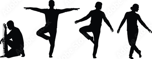 Set of black silhouettes showing people in various poses including kneeling in grief, balancing on one leg, and performing yoga stretches, isolated on white, vector.