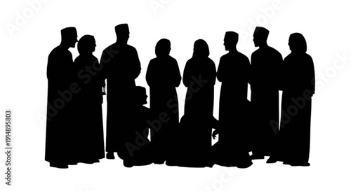 Group of silhouetted individuals standing closely together in a line.
