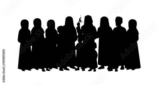 Group of silhouetted figures dressed in long robes standing closely together