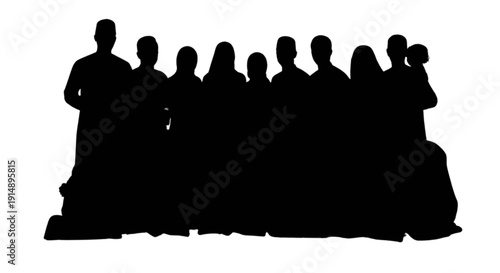 Silhouette of a group of people sitting closely together in a row