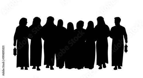 Group of silhouetted individuals standing closely together in a line