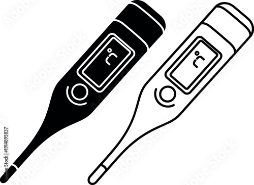 Digital medical thermometer icon set with black and white flat outline symbols for healthcare vector design