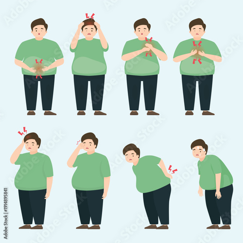 Vector illustration set of an overweight man suffering from various health symptoms including chest pain, headache, stomach ache, back pain, and exhaustion. Medical and lifestyle concept.