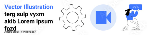 Technology, software development, video production, media applications, coding, online innovation. Gear, video icon person coding. Technology and software development concepts