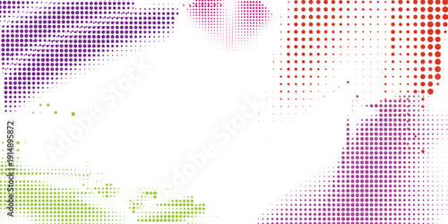 Abstract colorful halftone pattern background with purple, red, and green dots creating a modern digital texture or frame effect