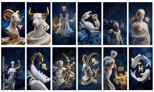 Сollage of the twelve zodiac signs, Luxury collection in white marble and gold 3D render on dark blue starry background. For astrology posters, horoscopes, calendars, tarot.