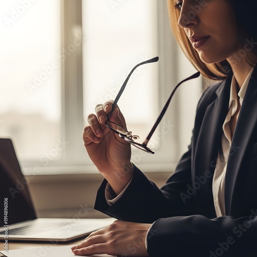 Thoughtful businesswoman in a suit holding glasses in an office setting.