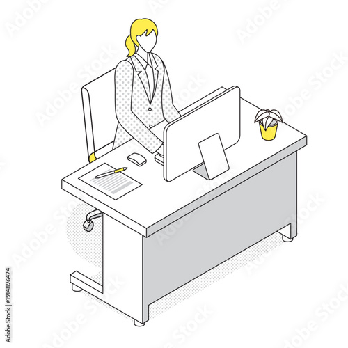 DX化でスッキリしたオフィスのデスクで作業する女性のアイソメトリックイラスト