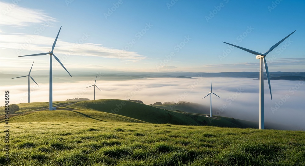 Obraz premium Scenic landscape featuring wind turbines in a misty valley under a clear blue sky