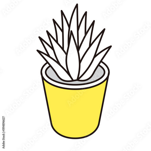 シンプルな観葉植物（丸鉢）のアイソメトリック線画イラスト