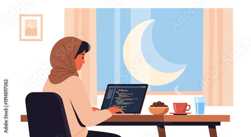 A woman wearing a headscarf works on a laptop at a desk with a cup of coffee beside her near a window showing a crescent moon at night