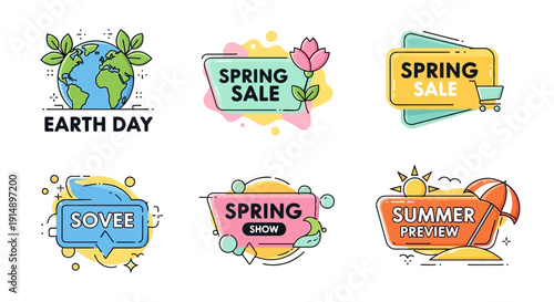 Collection of colorful badge labels for Earth Day, spring sale, and summer preview events displayed together on a clean background from a straightforward viewpoint.