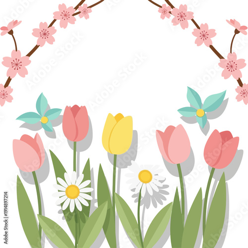 Spring Floral Arrangement with Tulips and Cherry Blossoms on White Background from a Front View
