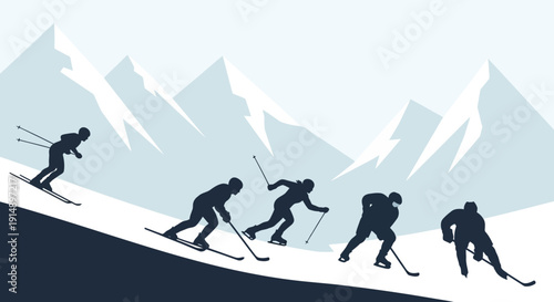 Skiers navigating down a snowy mountain slope with mountains in the background from a distant viewpoint