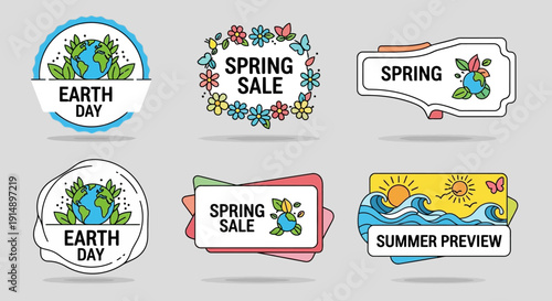 Collection of Earth Day and seasonal sale badges with floral and natural elements