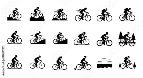 A modern black icon set featuring 12 unique silhouettes of people cycling in different poses and environments. Clean minimalist vector-style design with solid black shapes, high contrast, and balanced