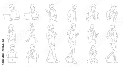 Collection of minimalist continuous line art drawings depicting various people interacting with mobile phones and laptops in different everyday settings