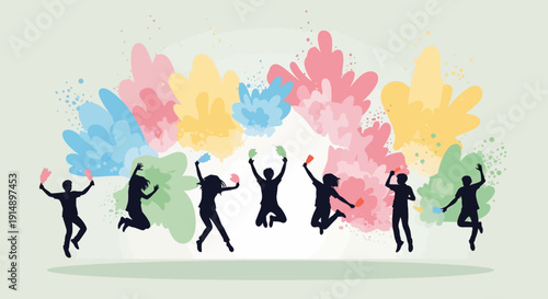 Group of people jumping in celebration with colorful paint splashes around them, capturing a joyful moment from a straight-on viewpoint