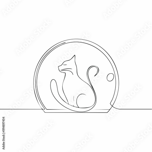 Minimalist continuous line art illustration of a graceful feline figure enclosed in a perfect circle, showcasing simplicity and elegance