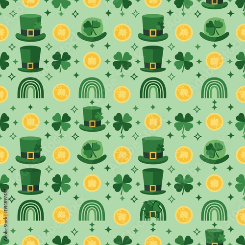 A vibrant pattern featuring St. Patrick's Day icons including shamrocks, leprechaun hats, rainbows, and gold coins on a light green background from a direct viewpoint