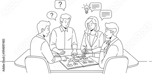 Business team collaboratively reviewing a flowchart diagram on paper during a meeting while dealing with questions and generating new ideas for problem solving.