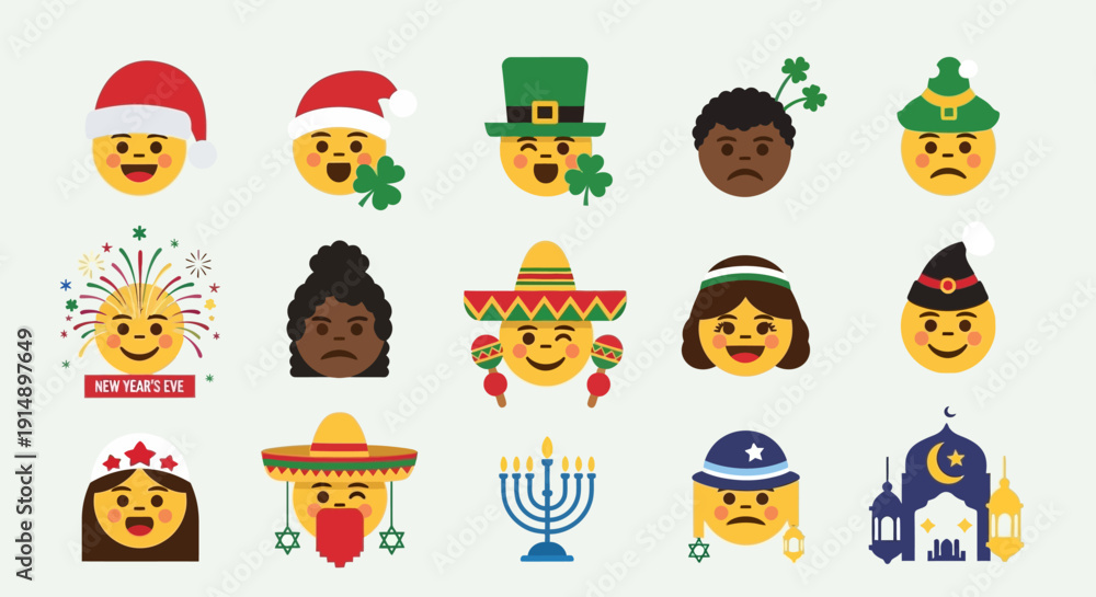 Fototapeta premium Diverse cultural emojis representing various global traditions and celebrations displayed together in a grid.