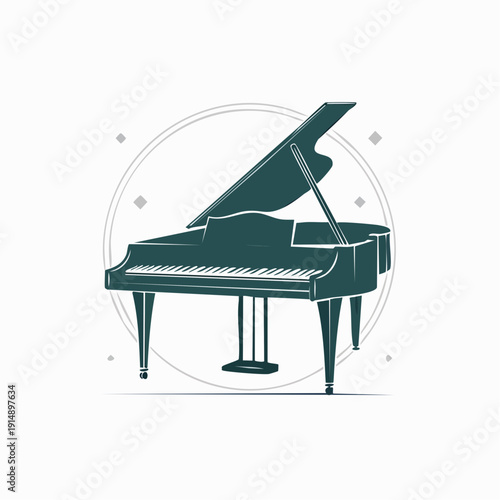 Elegant Grand Piano Silhouette Icon with Musical Notes and Circle Design