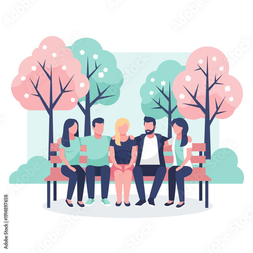 Group of friends sitting together on a bench in a serene park surrounded by trees