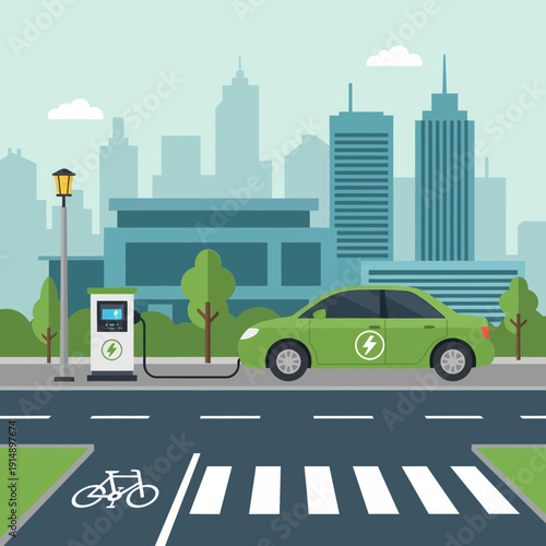 An electric car charging at a public station beside a crosswalk with a bicycle nearby in the city