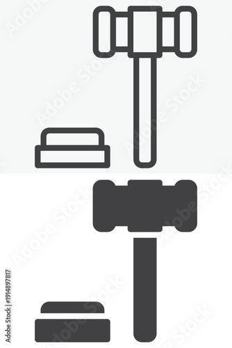 Auction hammer icon set in line and solid style. Outline and solid vector sign symbol with editable stroke. Auction hammer icon for law court bidding and justice concept.