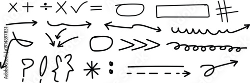 Collection of hand drawn mathematical and directional symbols