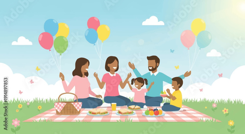 Family enjoying a joyful picnic together on a sunny day with colorful balloons floating in the air