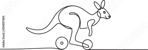 Kangaroo wooden wheeled toy illustrated in single line drawing style, symbolizing energy and playfulness. Animal concept represents childhood fun. one line Icon drawing