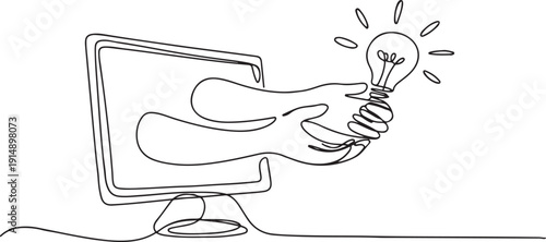 Single one line drawing hands out of the monitor screen while holding a bulb lamp. Inspiration comes suddenly. Exhilarating. Cheering. one line Icon drawing