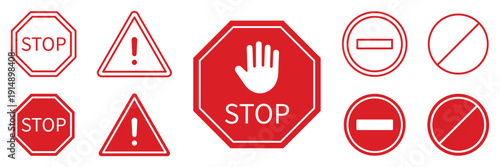 Stop sign icon set. Stop sign with hand, warning sign, attention, prohibition, danger, alert, and road sign symbol.