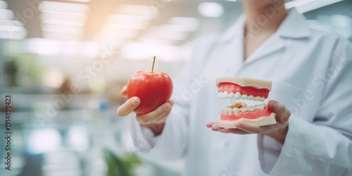 The dental model and apple illustrating oral health, nutrition and preventive dental care choices
