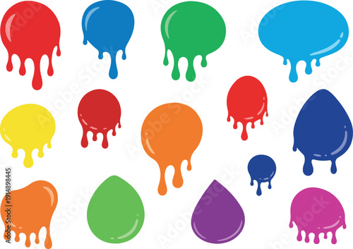Vibrant Abstract Paint Splatters and Dripping Colorful Liquid Blobs on Dark Background for Creative Design Elements