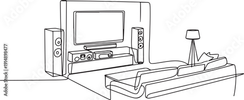 One continuous line drawing of home theater with stereo audio system speaker. Electricity living room gadget concept. one line Icon drawing
