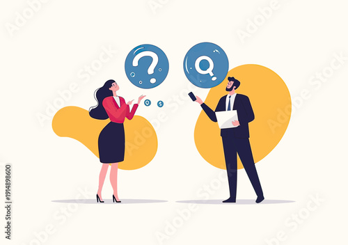 Businessman and businesswoman discussing questions and answers with magnifying glass and question mark icons in minimalist flat style vector