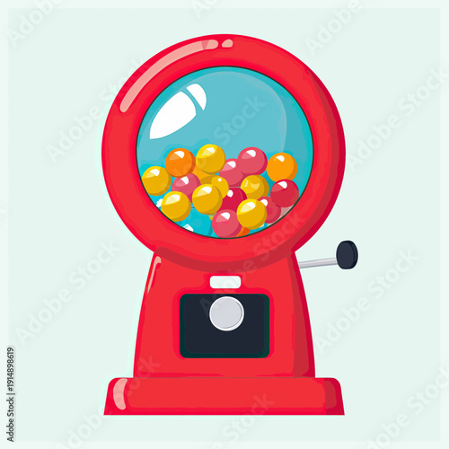 Red Vintage Gumball Machine with Multicolor Gumballs Inside and Black Coin Slot Handle in Flat Vector Style