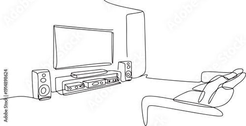 One continuous line drawing of home theater with stereo audio system speaker. Electricity living room gadget concept. one line Icon drawing