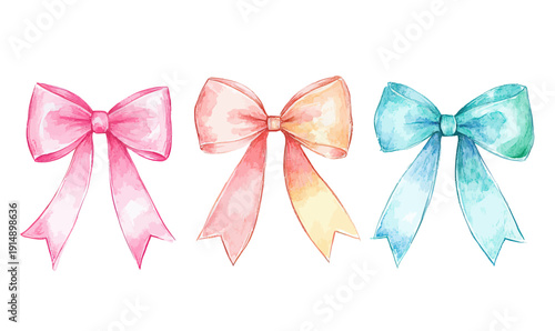 Set of three hand-painted watercolor bows in pink, peach, and turquoise colors with soft shadows, isolated on white background, feminine decorative ribbons for design and crafts