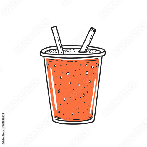 Hand drawn vector soda cup with two straws illustration in minimalist doodle style with orange textured beverage isolated on white background for drink concept design