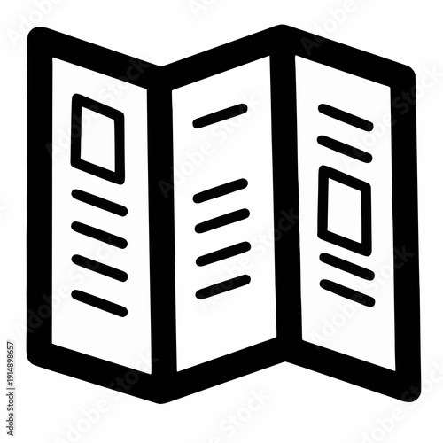 Simple black and white line art icon of a folded brochure with text and image placeholders.