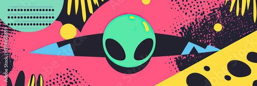 Surreal retro alien face with black eyes on vibrant pink yellow turquoise halftone bitmap collage background in flat minimalist vector style