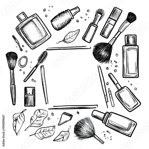 Hand drawn black and white makeup and cosmetic products frame with brushes, mascara, nail polish, lotion bottles, and leaves in doodle sketch style for beauty and skincare design
