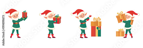 Christmas elf characters holding and packing colorful holiday gifts with Santa hats festive winter celebration flat vector illustrations set