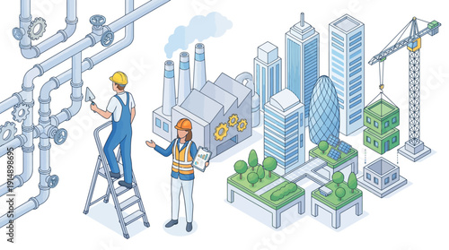 Isometric Urban Infrastructure, Construction, and Industry: Engineers and workers overseeing pipelines, manufacturing, city development, and green energy projects.