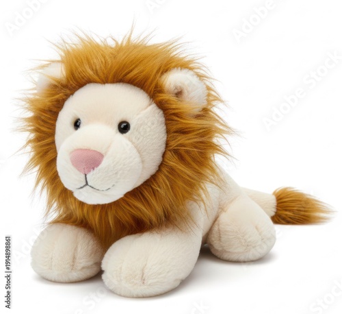 Soft beige plush baby doll toy sitting isolated on white background with cute expression and cuddly texture